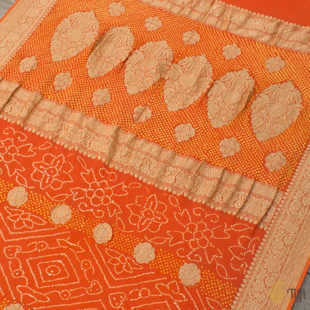 Orange Pure Georgette Banarasi Bandhani Handloom Saree