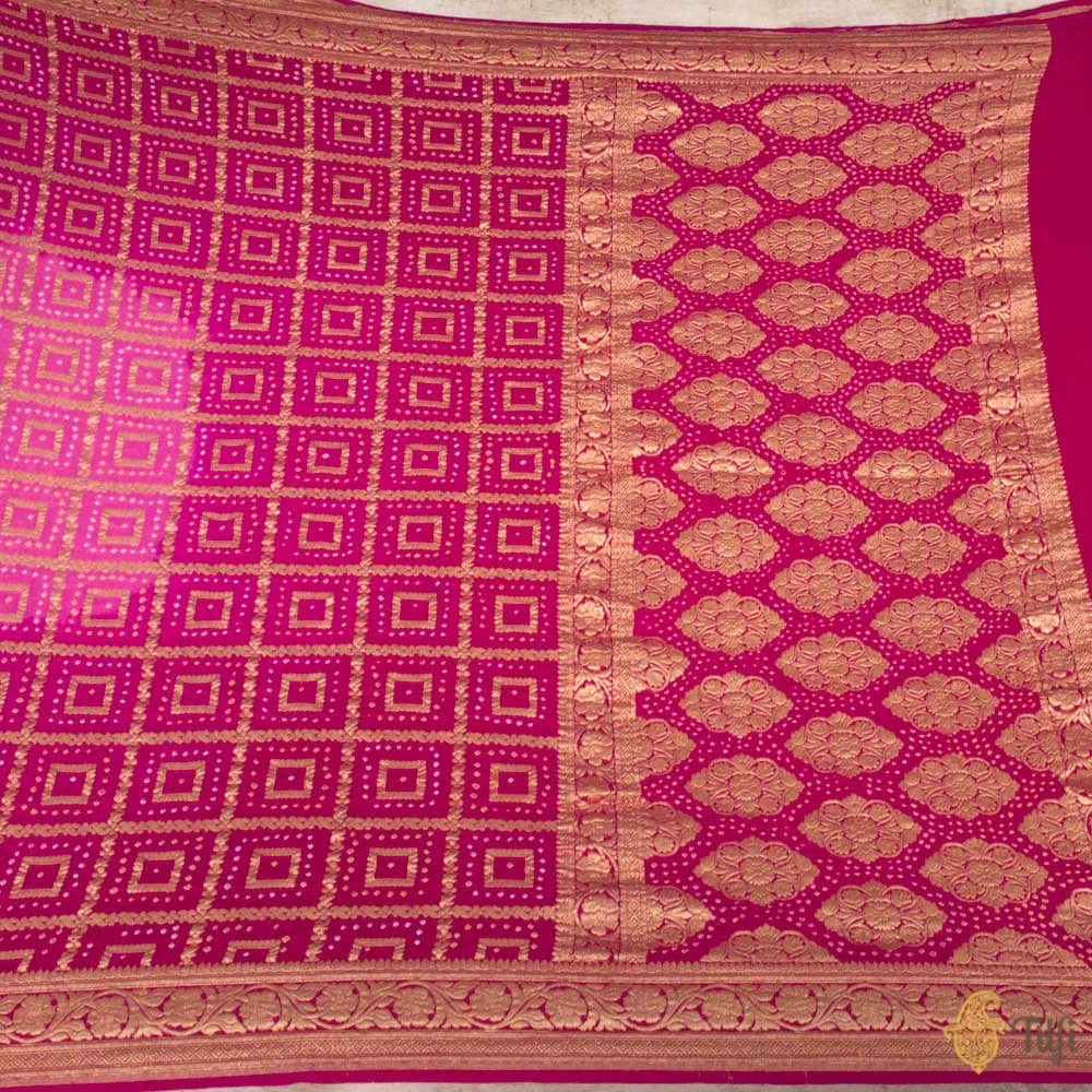 Gulabi Pink-Rani Pink Pure Georgette Banarasi Bandhani Handloom Saree