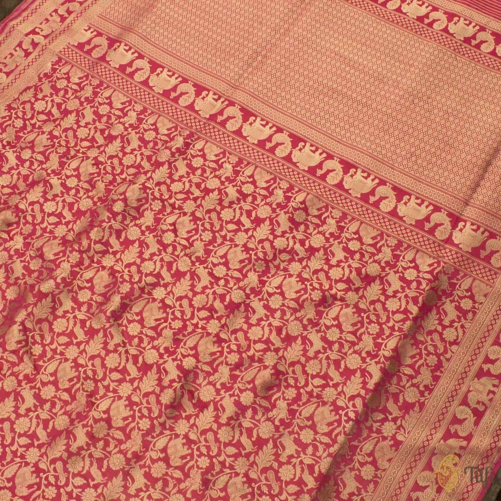 Gulabi Pink-Red Pure Katan Silk Banarasi Shikargah Handloom Saree