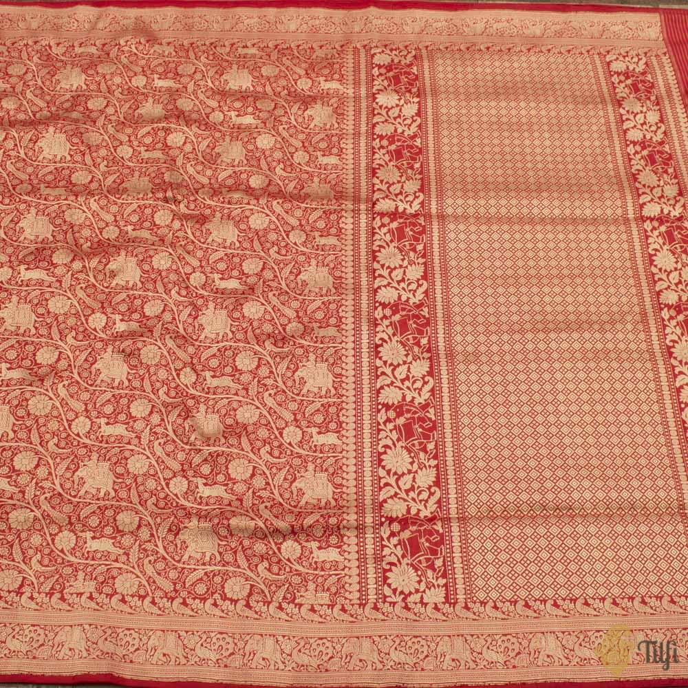 Red Pure Katan Silk Banarasi Shikargah Handloom Saree