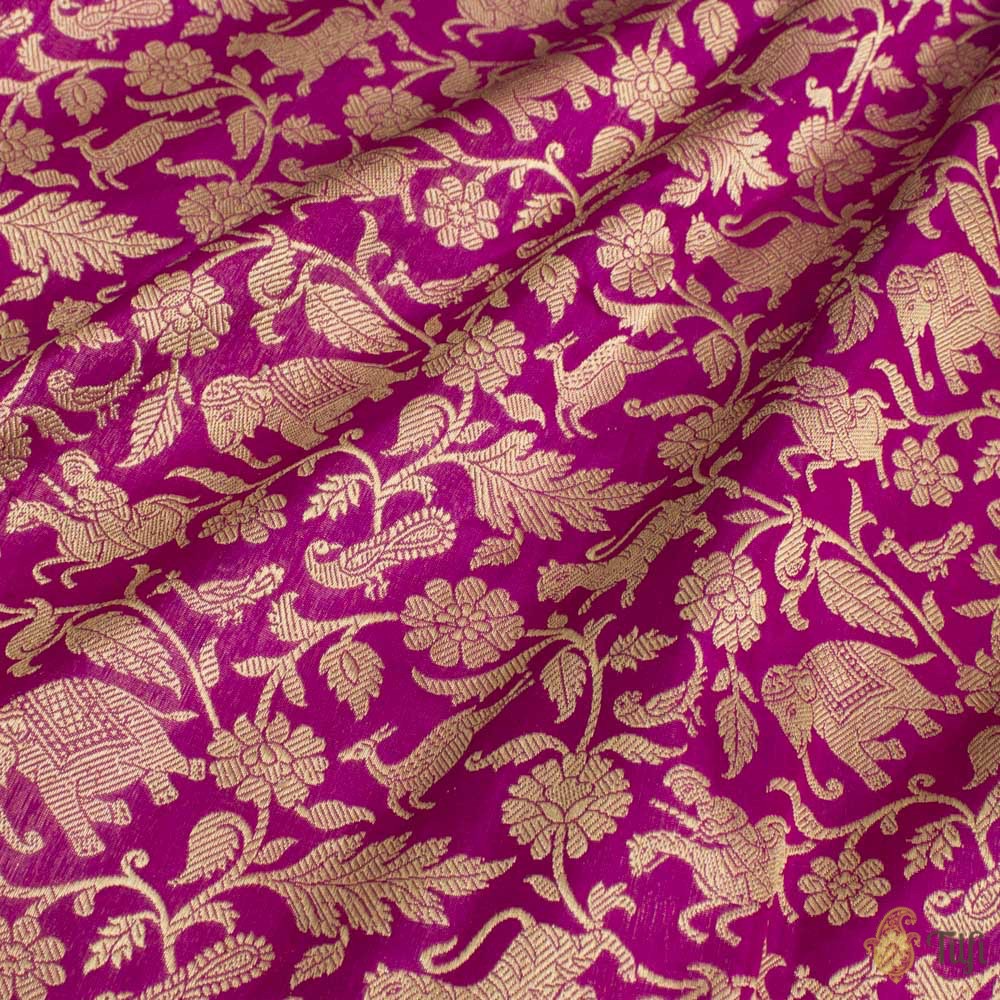 Purple-Rani Pink Pure Katan Silk Banarasi Shikargah Handloom Saree
