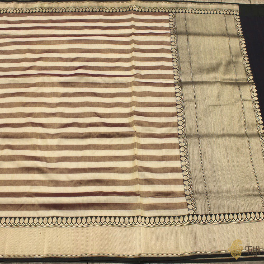 Off-White-Chocolate Brown Pure Cotton Tissue Banarasi Handloom Saree