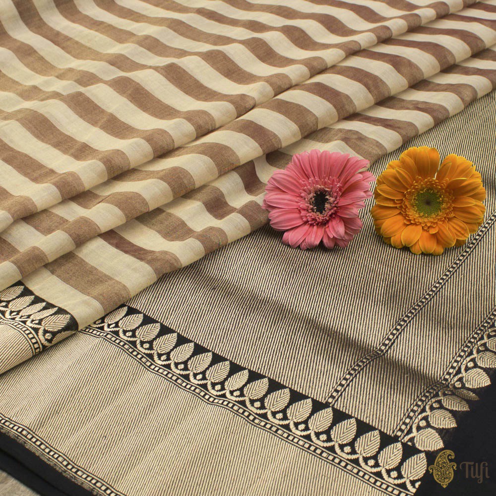 Off-White-Chocolate Brown Pure Cotton Tissue Banarasi Handloom Saree