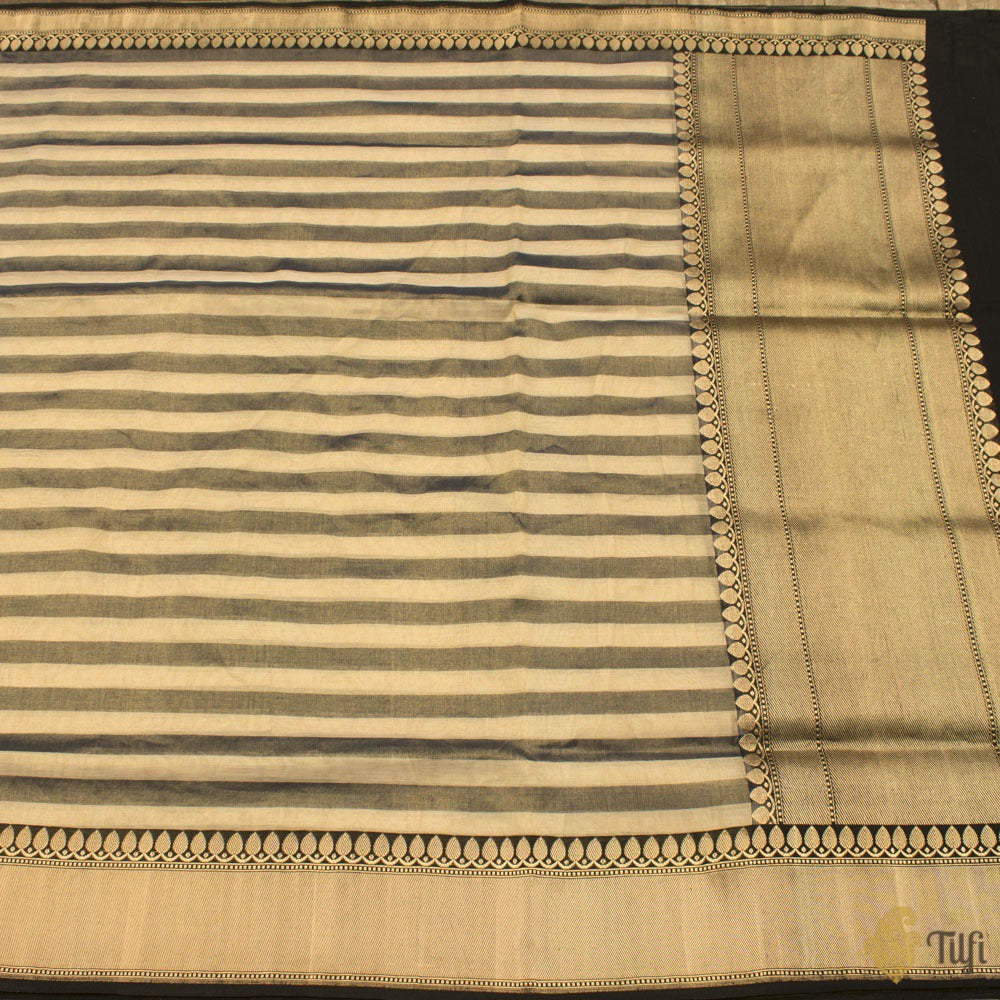 Off-White-Navy Blue Pure Cotton Tissue Banarasi Handloom Saree