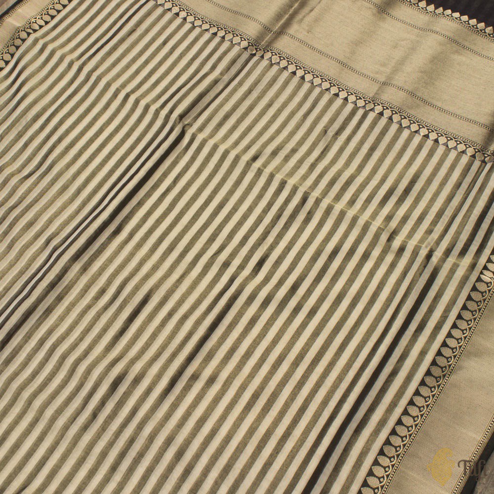 Off-White-Black Pure Cotton Tissue Banarasi Handloom Saree