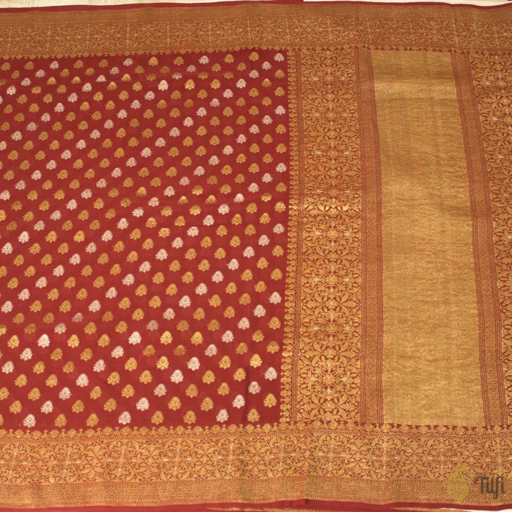 Rust Orange Khaddi Georgette Bridal Banarasi Saree With Embroidered Border