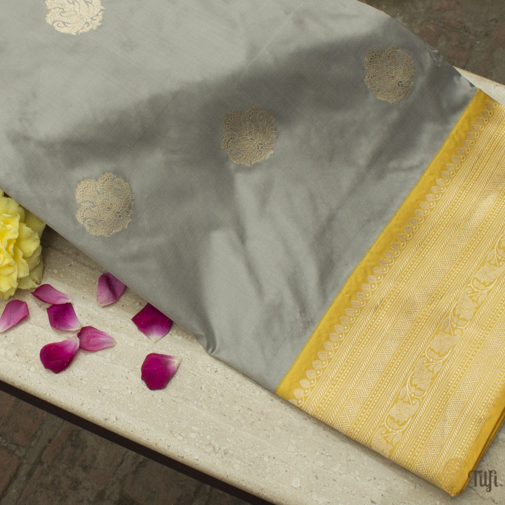 Grey-Yellow Pure Katan Silk Banarasi Kadiyal Handloom Saree