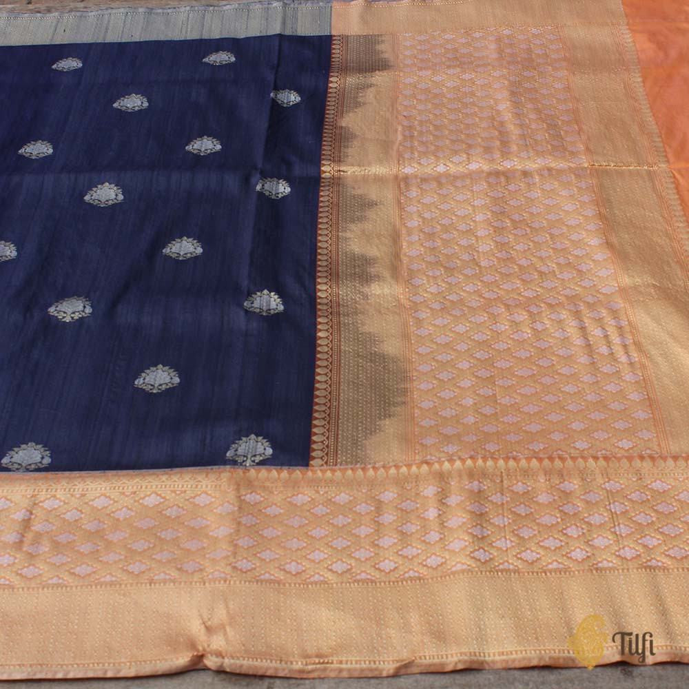 Metal Blue Pure Tussar Silk Banarasi Handloom Saree
