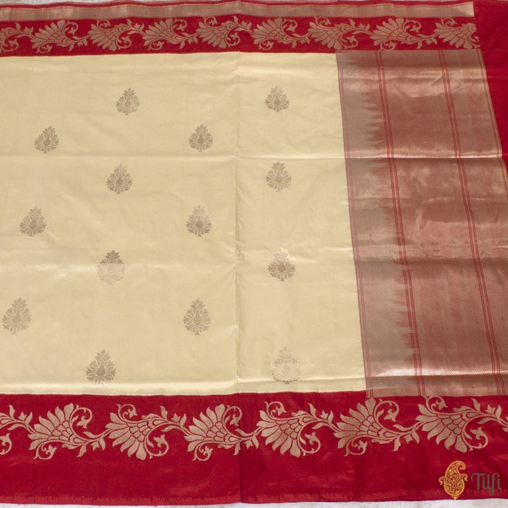 Cream-Red Pure Katan Silk Banarasi Handloom Saree