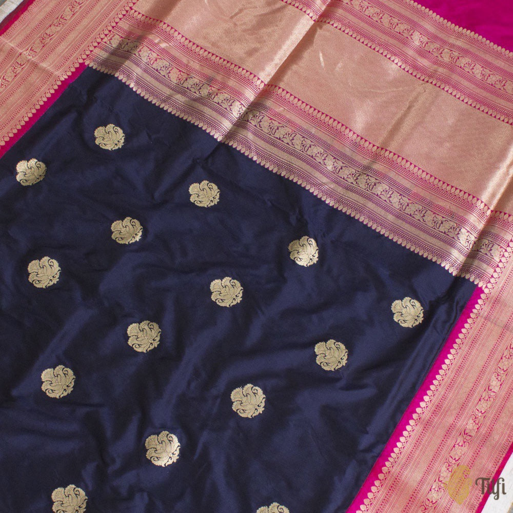 Navy Blue-Pink Pure Katan Silk Banarasi Kadiyal Handloom Saree