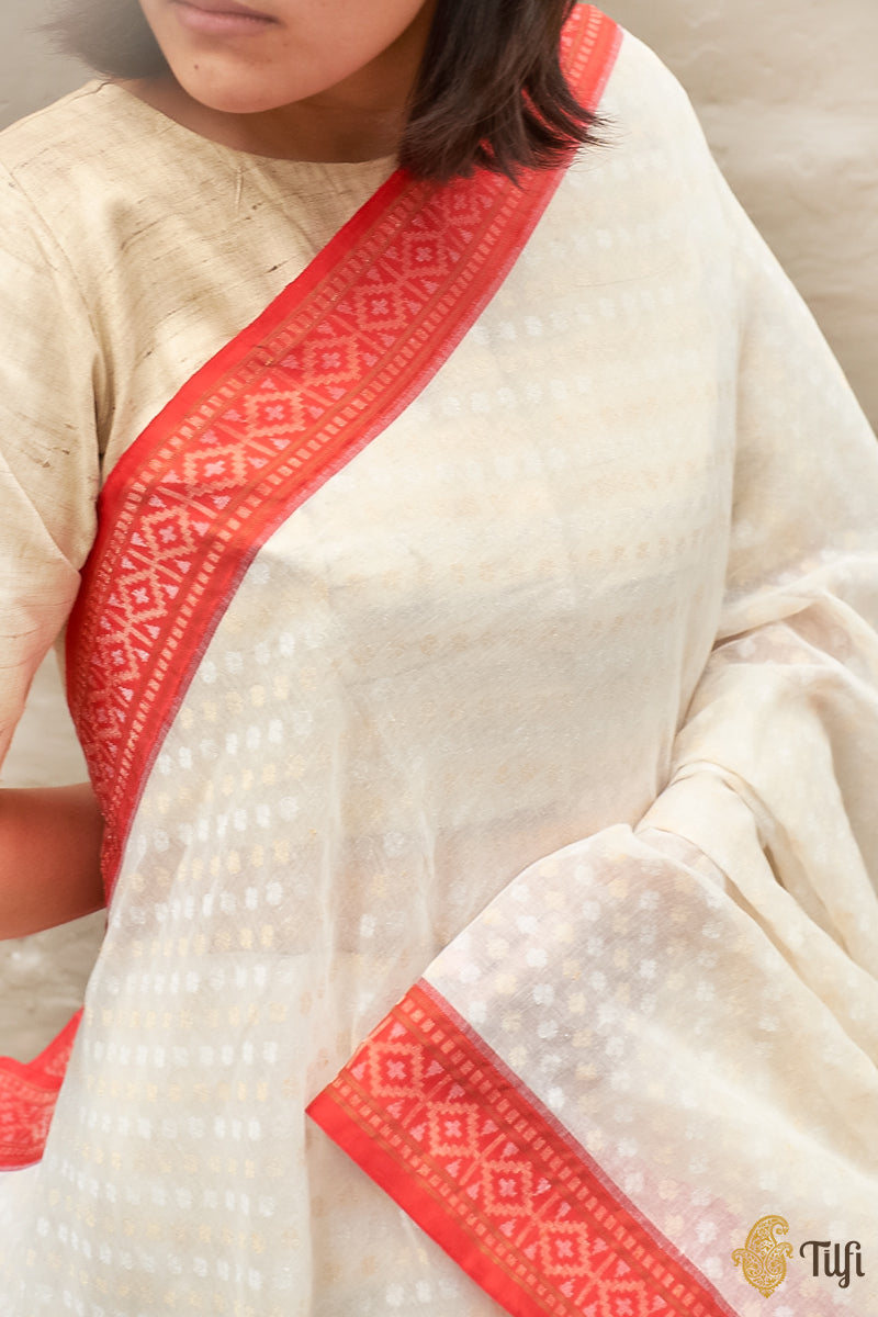 White-Red Pure Cotton Real Zari Banarasi Handloom Saree