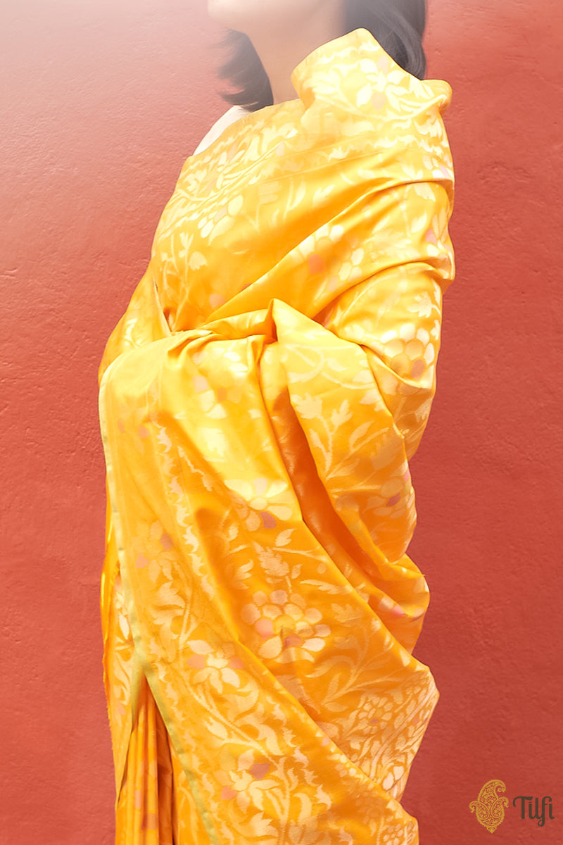 Orange Pure Katan Silk Real Zari Banarasi Handloom Saree
