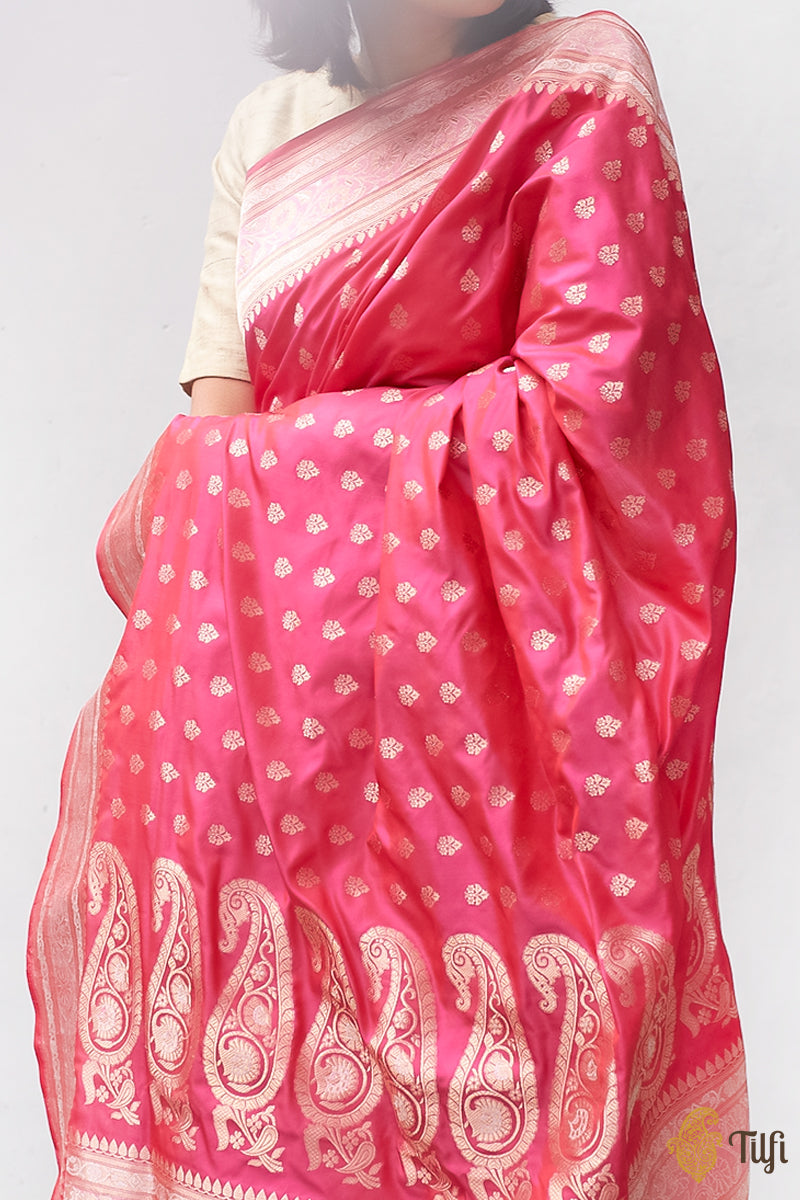 Red-Pink Pure Katan Silk Banarasi Handloom Saree