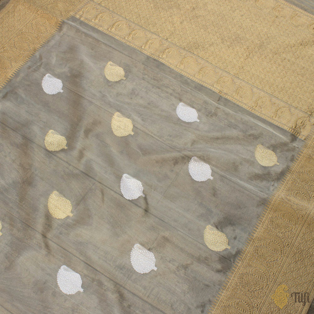 Silver-Grey Pure Kora Tissue Banarasi Handloom Saree