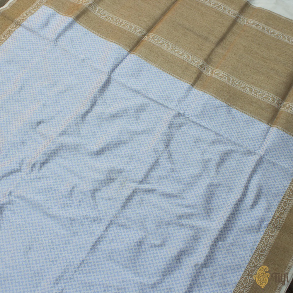 White - Ink Blue Pure Katan Silk Handwoven Banarasi Saree