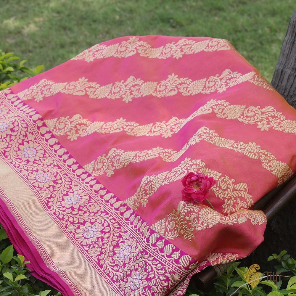 Orange-Indian Pink Pure Katan Silk Banarasi Handloom Saree