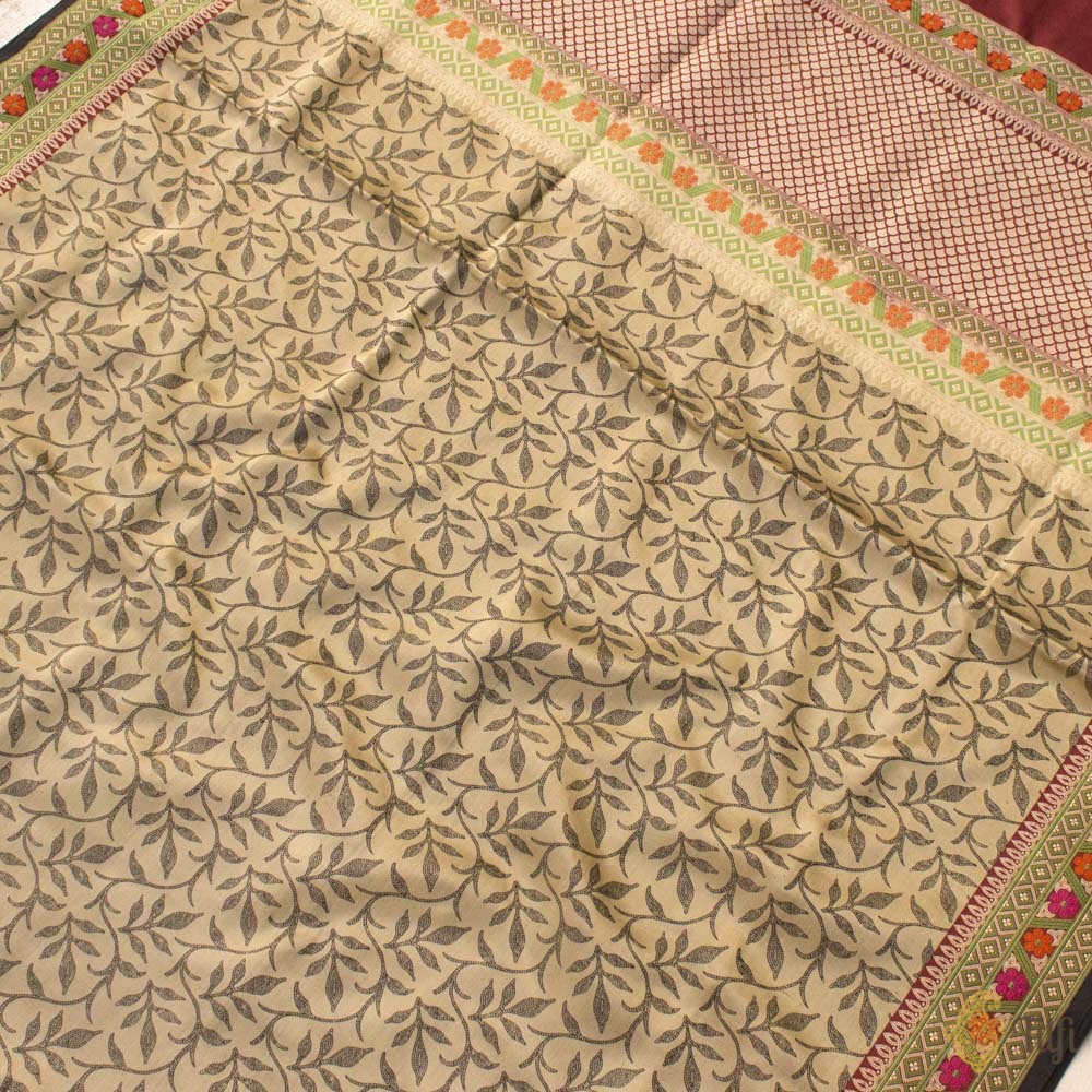 Beige Pure Soft Satin Silk Tanchoi Kantha Banarasi Handloom Saree