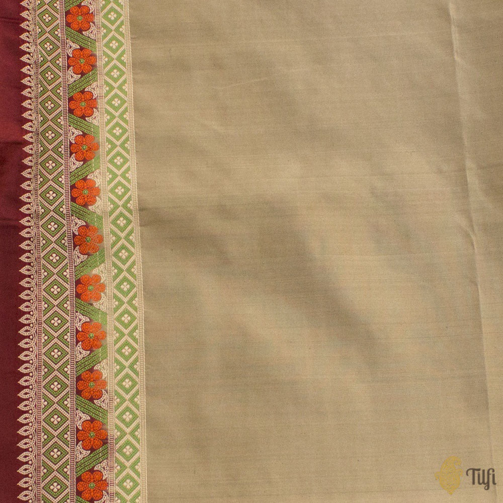 Beige Pure Soft Satin Silk Tanchoi Kantha Banarasi Handloom Saree