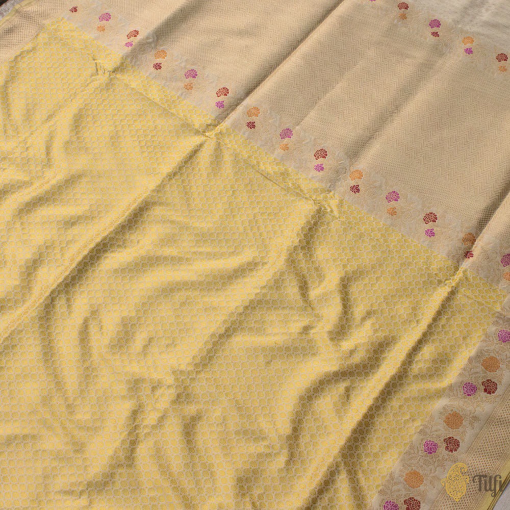 Yellow-Off-White Pure Katan Silk Banarasi Handloom Saree