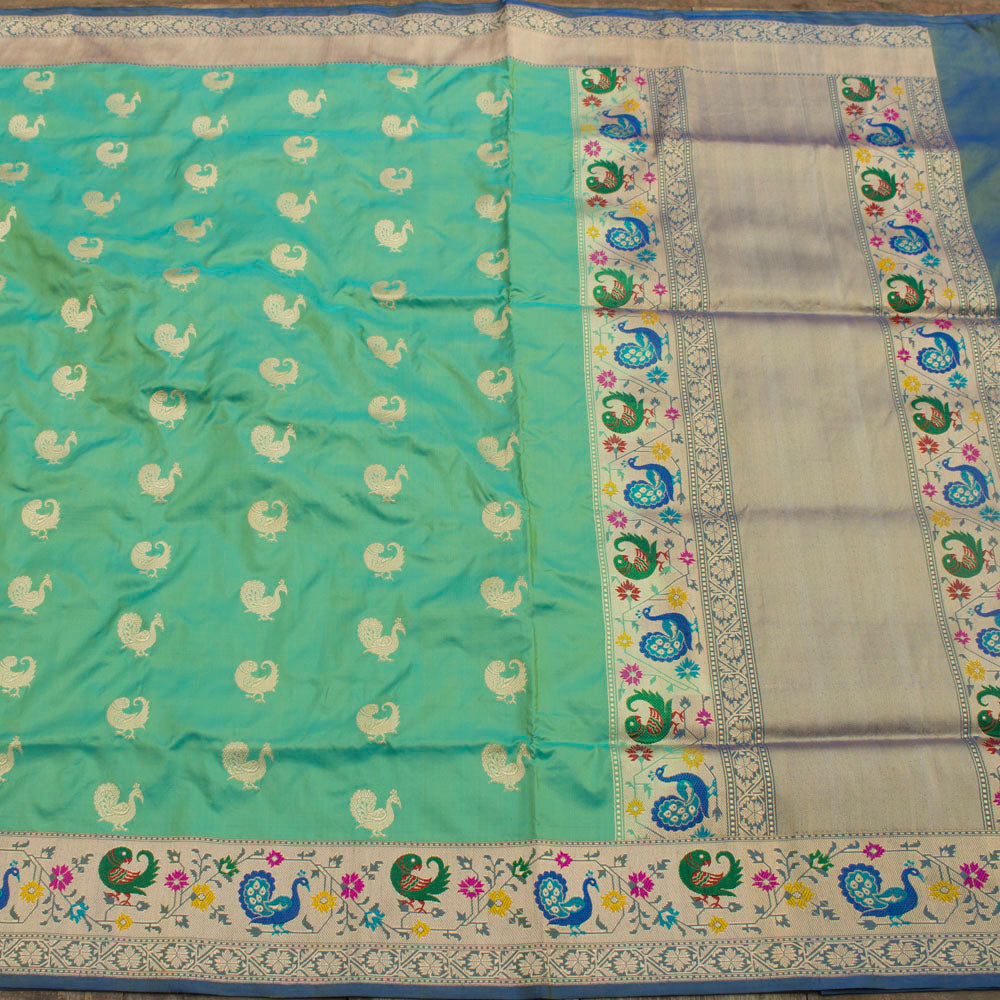 Firozi Blue-Mint Green Pure Katan Silk Banarasi Paithani Handloom Saree