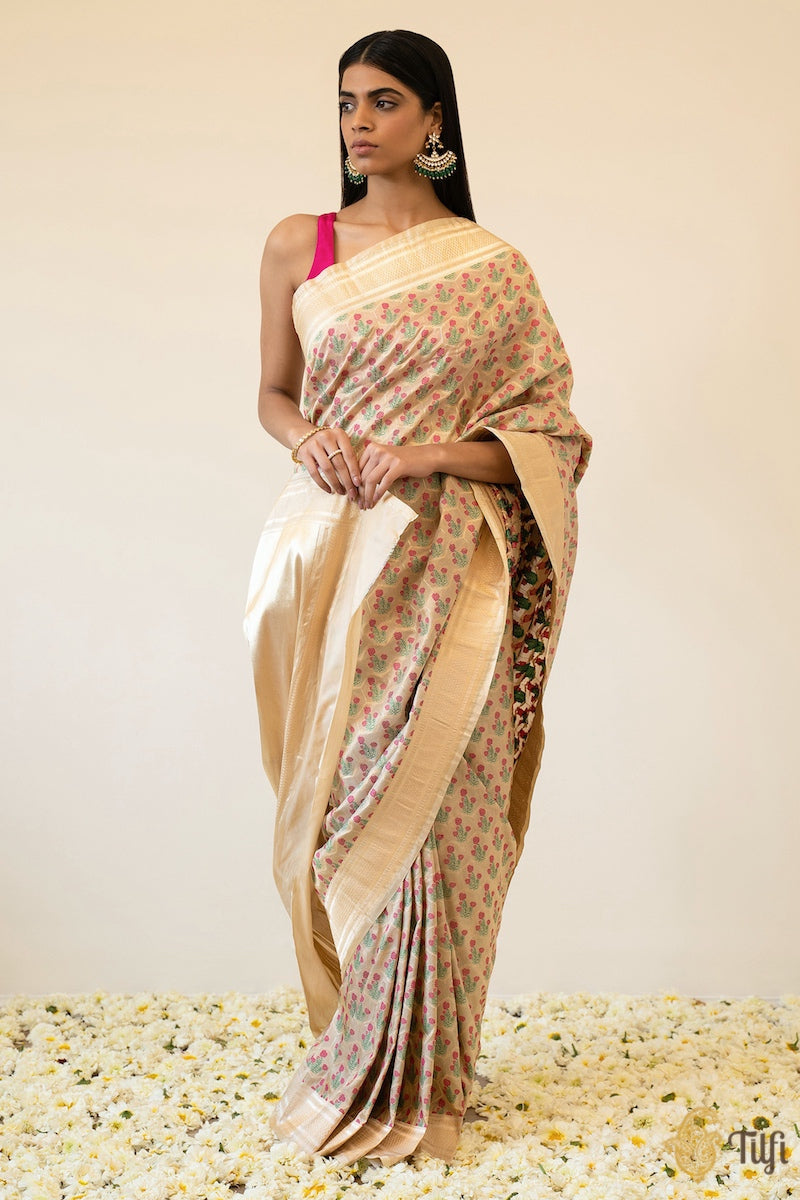 &#39;Nishat&#39; Cream Pure Katan Silk Banarasi Handloom Saree
