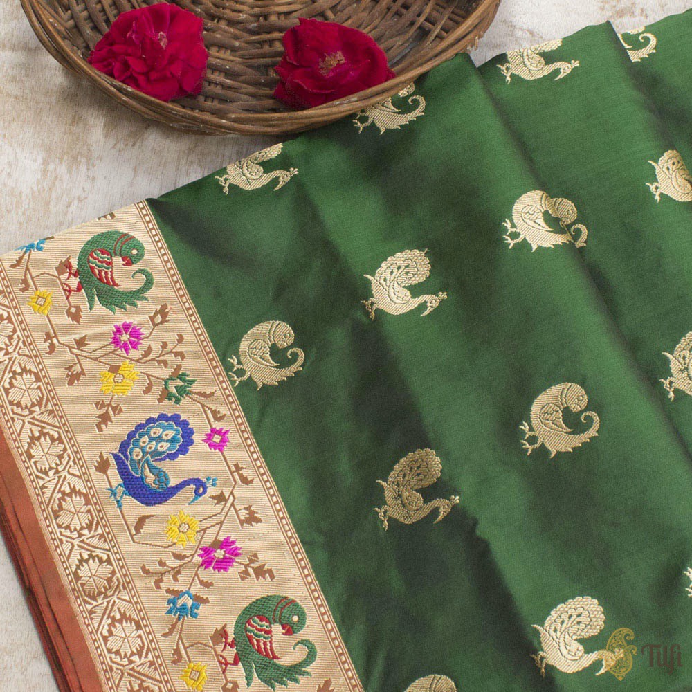 Black-Green Pure Katan Silk Banarasi Paithani Handloom Saree