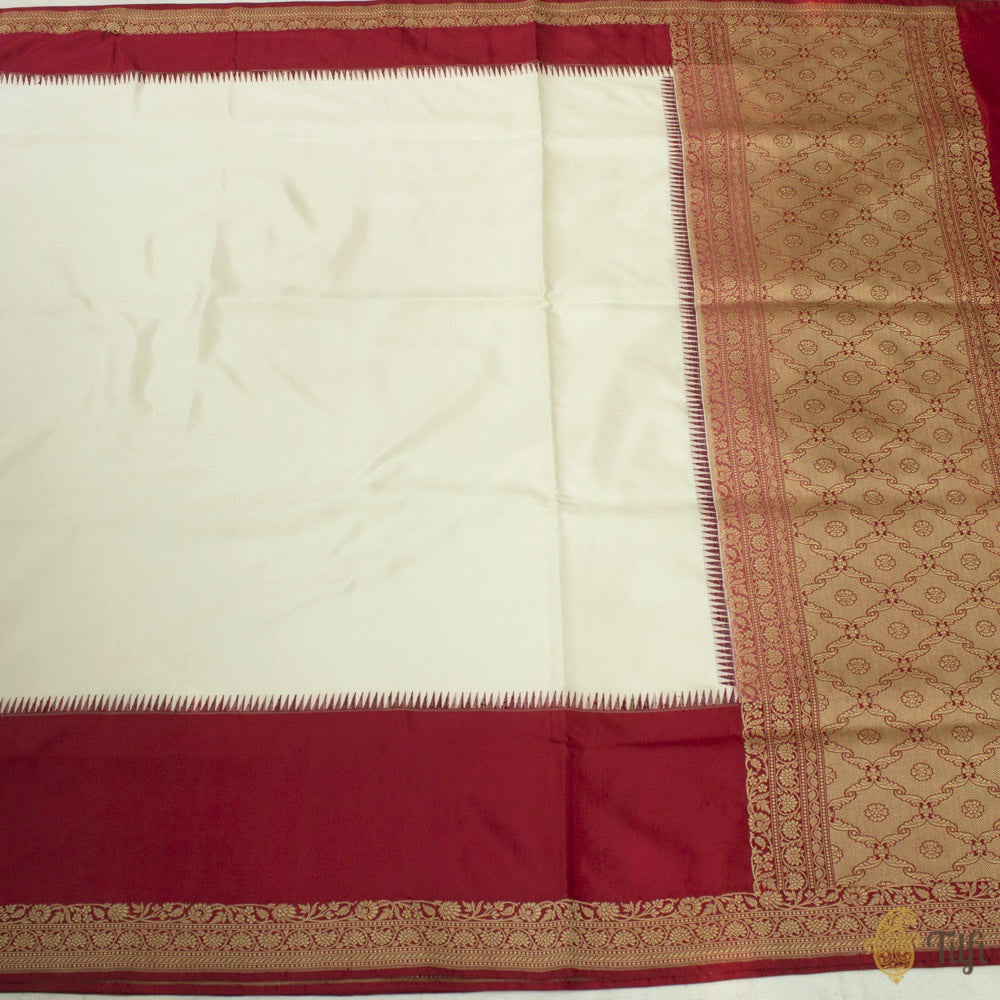 White-Red Pure Katan Silk Banarasi Handloom Saree