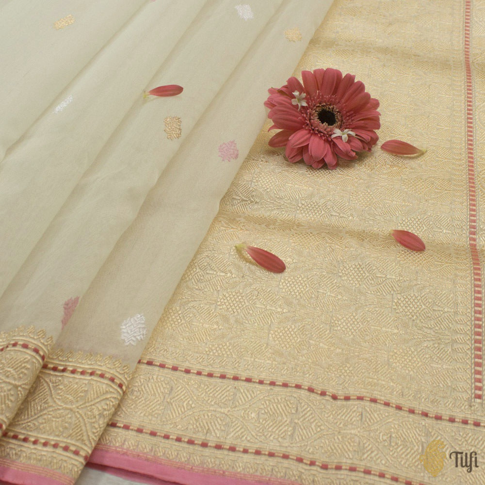 White Pure Kora Silk Handloom Banarasi Saree