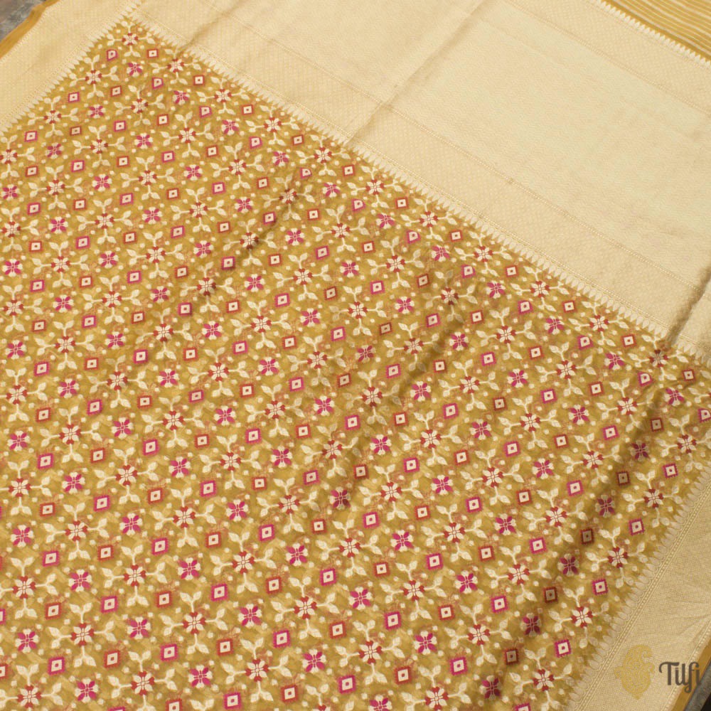 Mustard Pure Kora Silk by Cotton Banarasi Handloom Saree