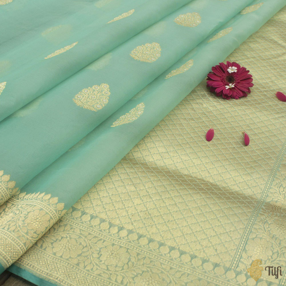 Aqua Green Pure Kora Silk Handloom Banarasi Saree