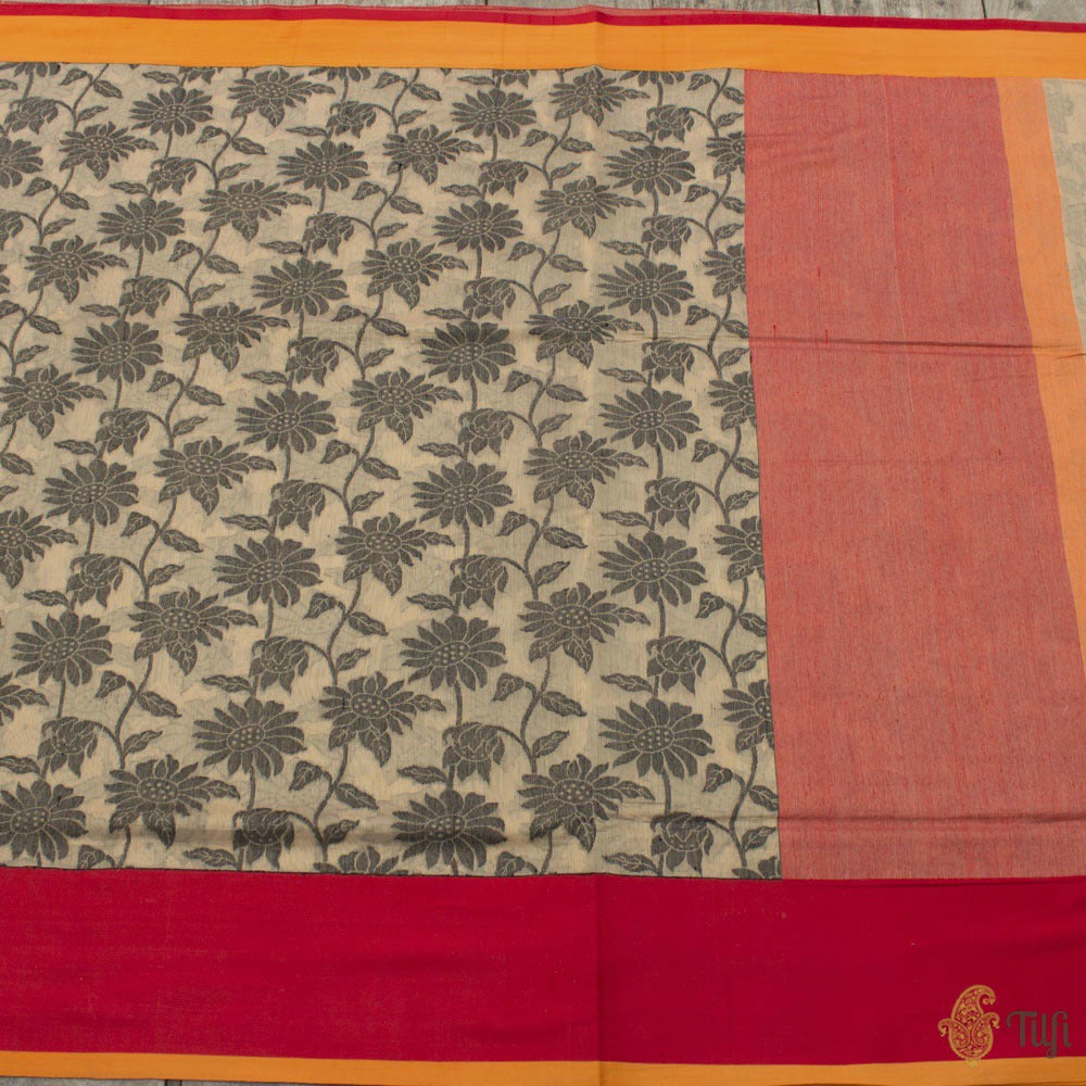 Beige Pure Kora Silk by Cotton Handwoven Banarasi Saree