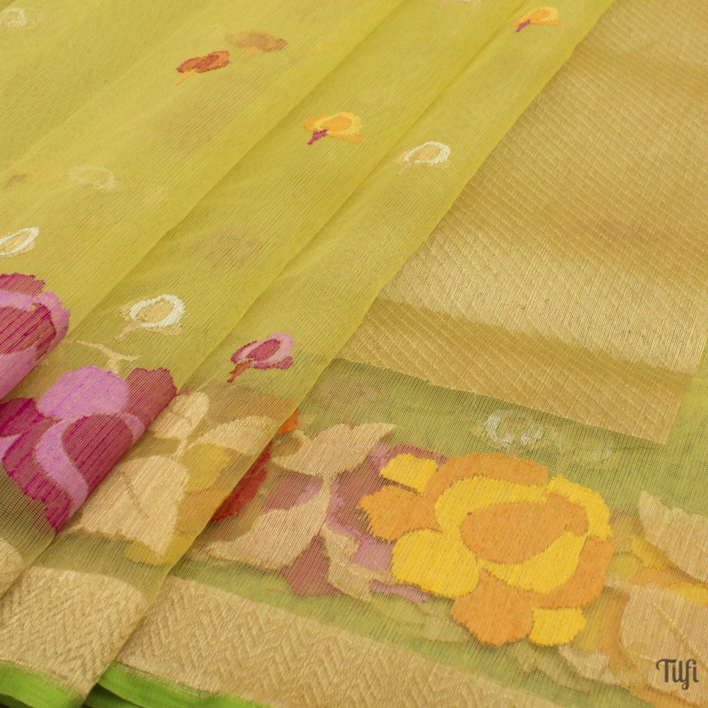 Mint Yellow Pure Kora Silk Net Banarasi Handloom Saree