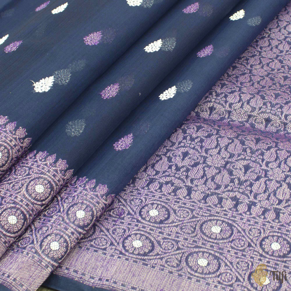Navy Blue Pure Kora Silk Handloom Banarasi Saree