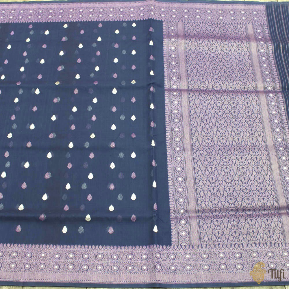 Navy Blue Pure Kora Silk Handloom Banarasi Saree