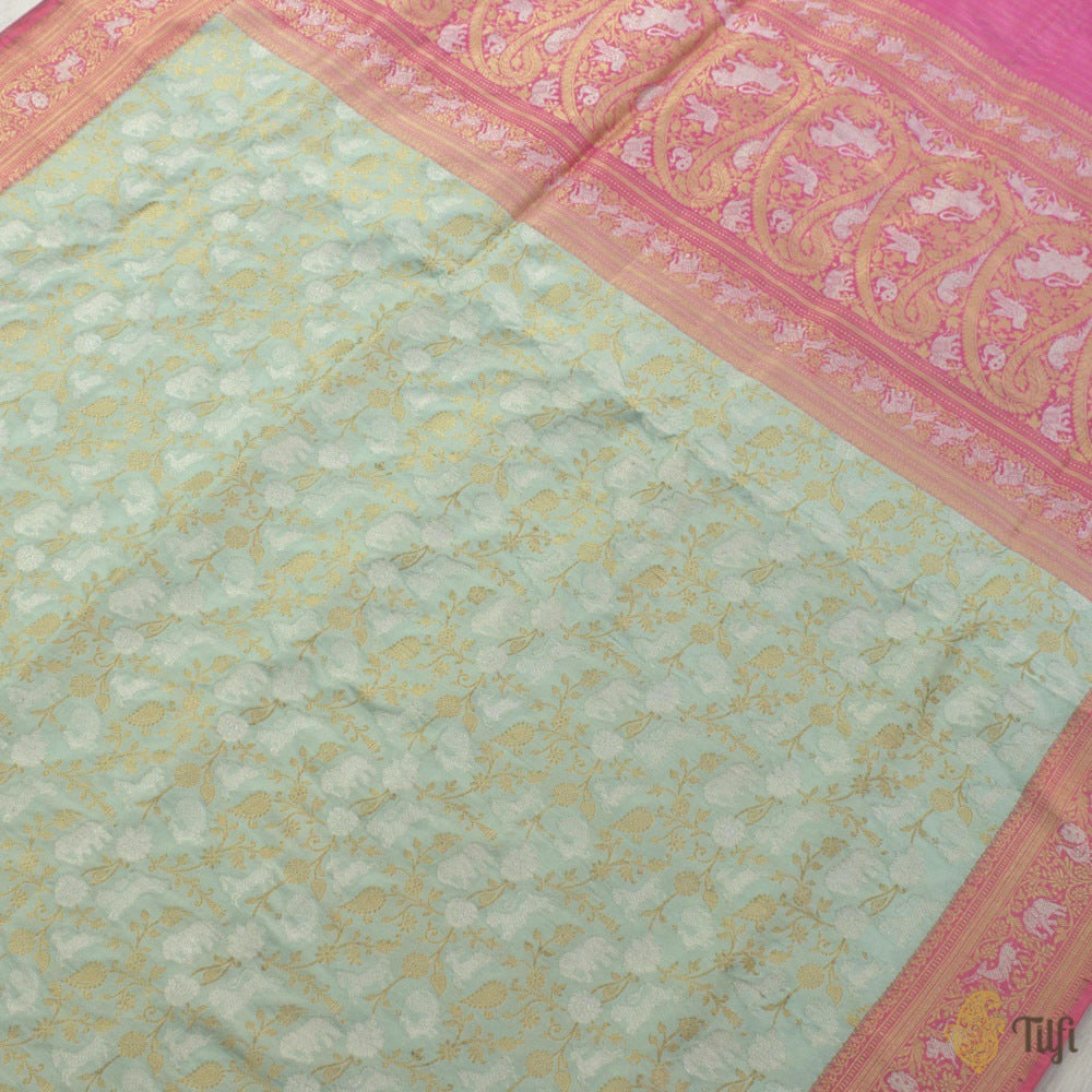 Light Blue-Pink Pure Katan Silk Banarasi Handloom Shikaargah Saree