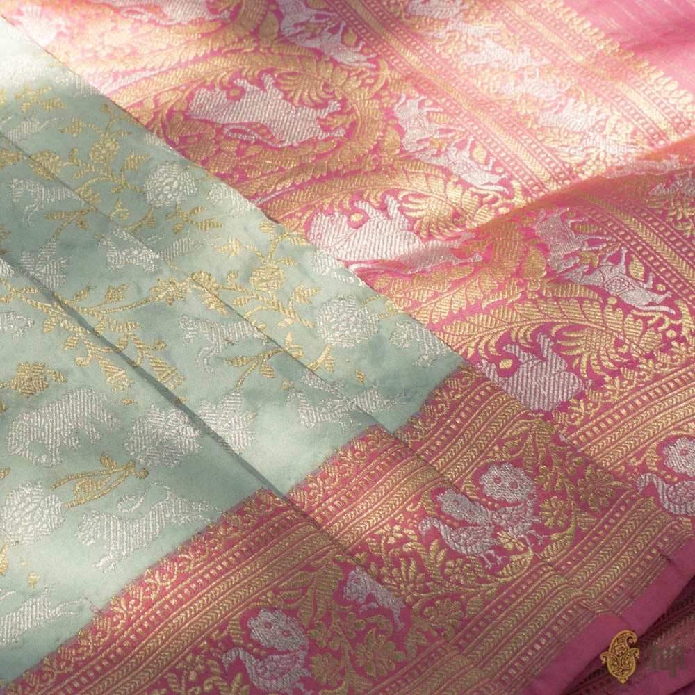 Light Blue-Pink Pure Katan Silk Banarasi Handloom Shikaargah Saree