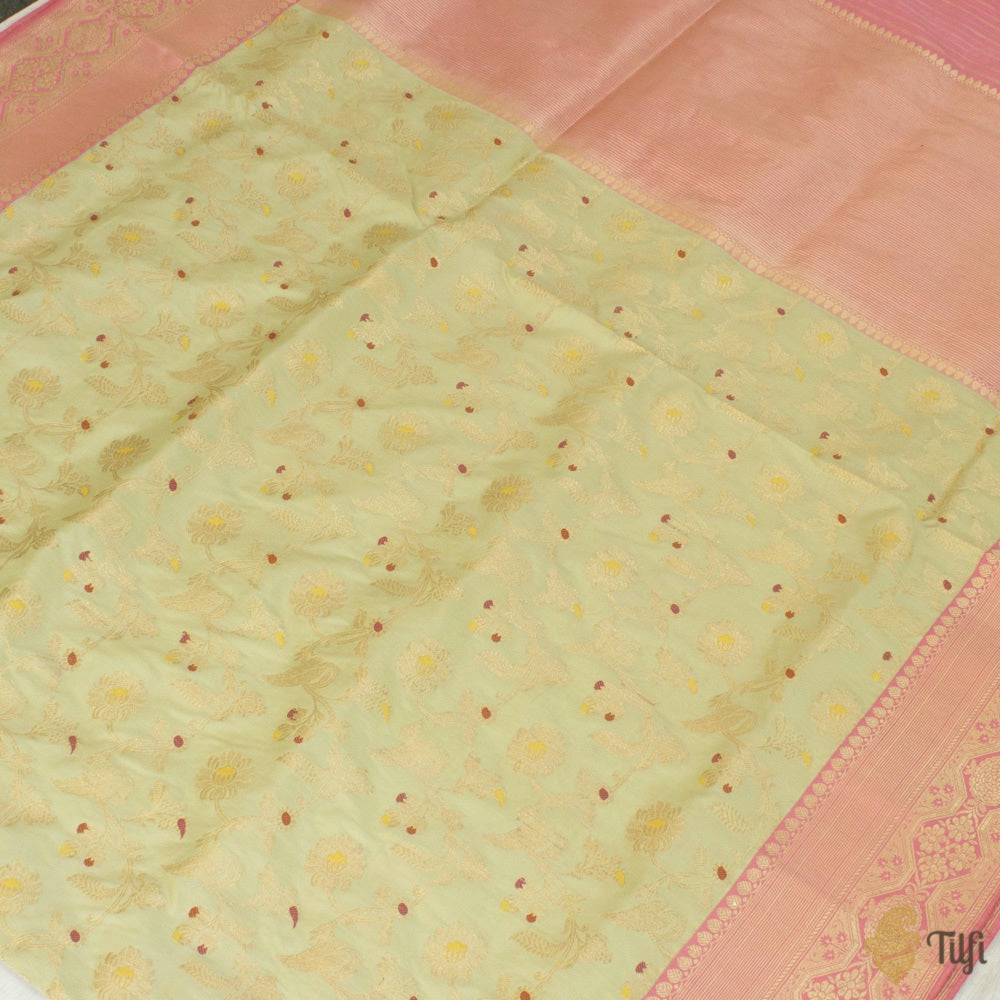 Light Pista Green-Pink Pure Katan Silk Banarasi Handloom Saree