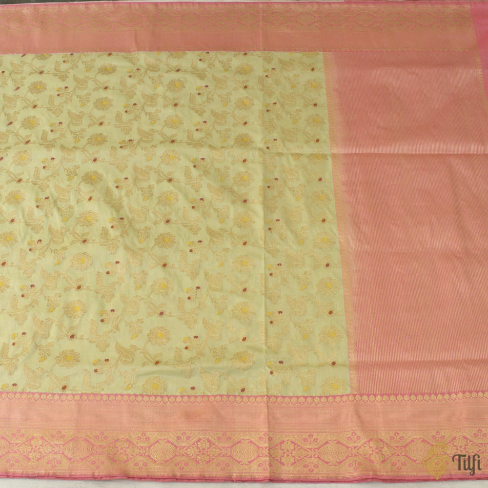 Light Pista Green-Pink Pure Katan Silk Banarasi Handloom Saree