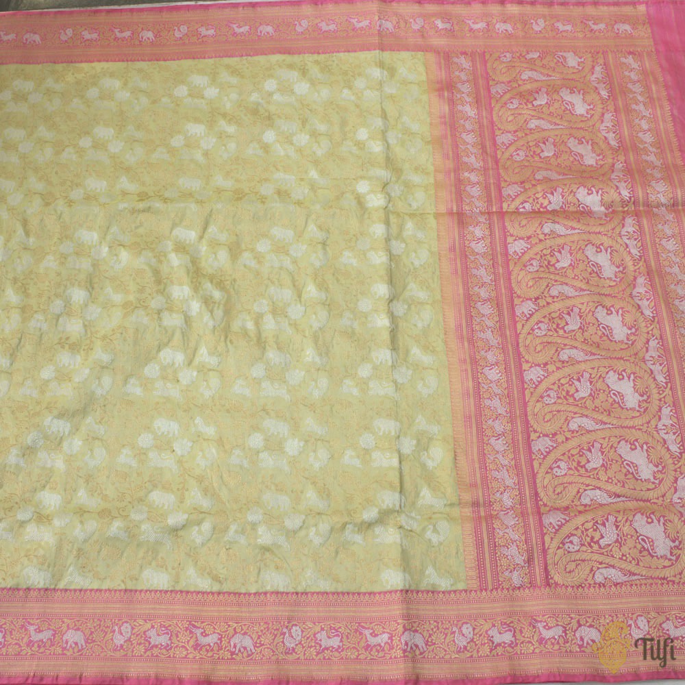 Light Pista Green-Pink Pure Katan Silk Banarasi Handloom Shikaargah Saree