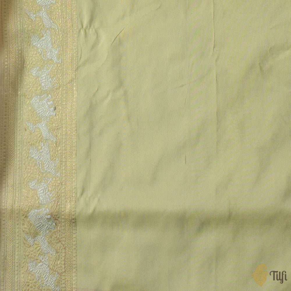 Light Pista Green-Pink Pure Katan Silk Banarasi Handloom Shikaargah Saree