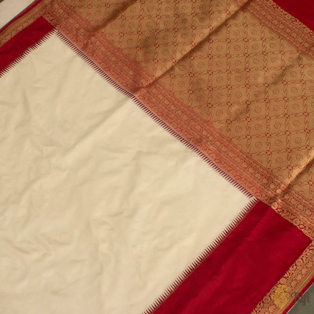 White-Red Pure Katan Silk Banarasi Handloom Saree