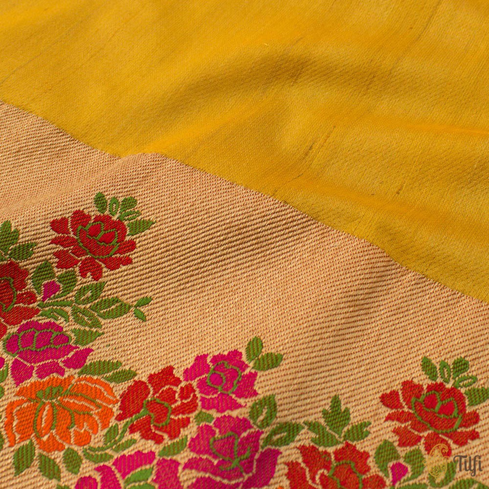 Yellow Pure Kora by Tussar Silk Handloom Banarasi Saree