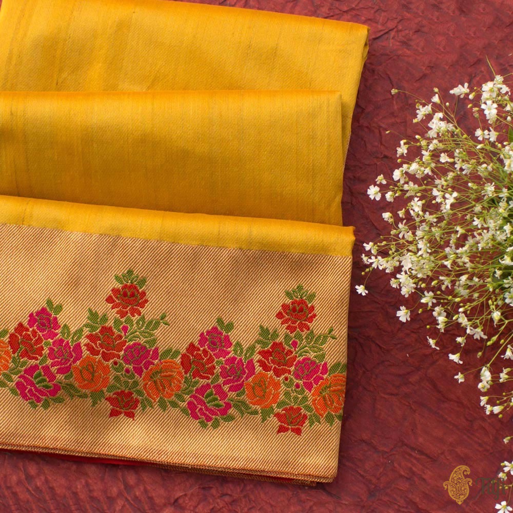 Yellow Pure Kora by Tussar Silk Handloom Banarasi Saree