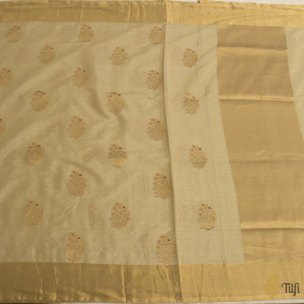 Beige Pure Fine Tussar Silk by Cotton Handloom Banarasi Saree