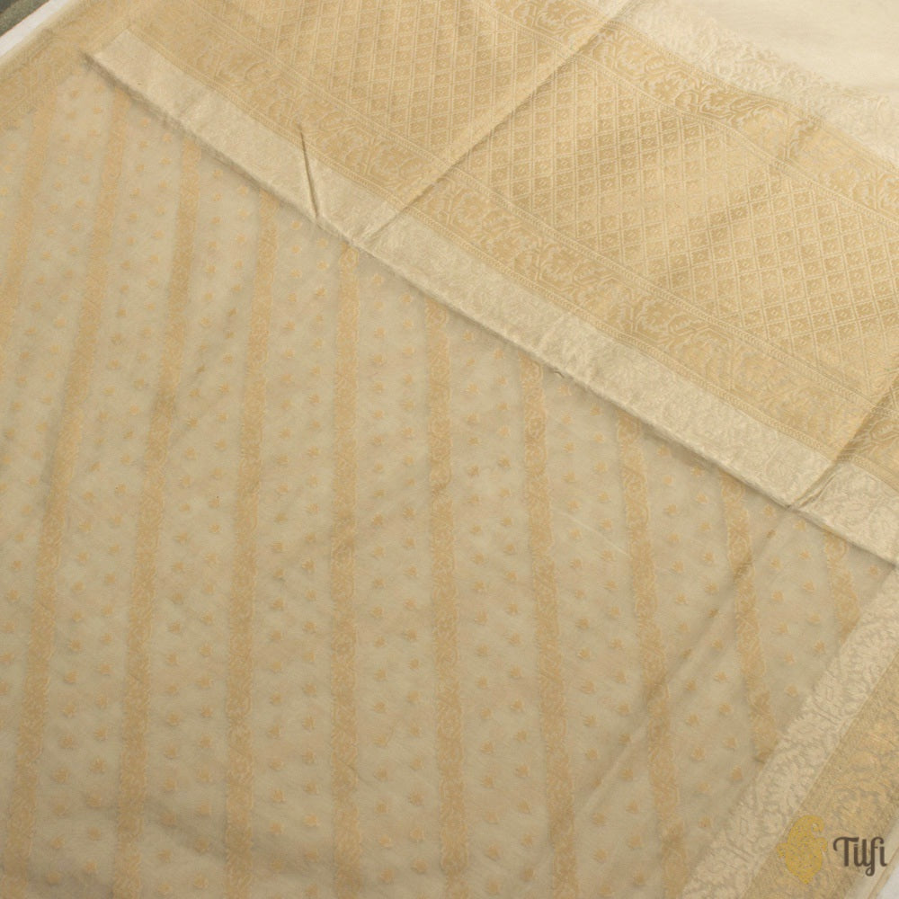 Off-White Pure Kora Silk by Cotton Handwoven Banarasi Saree