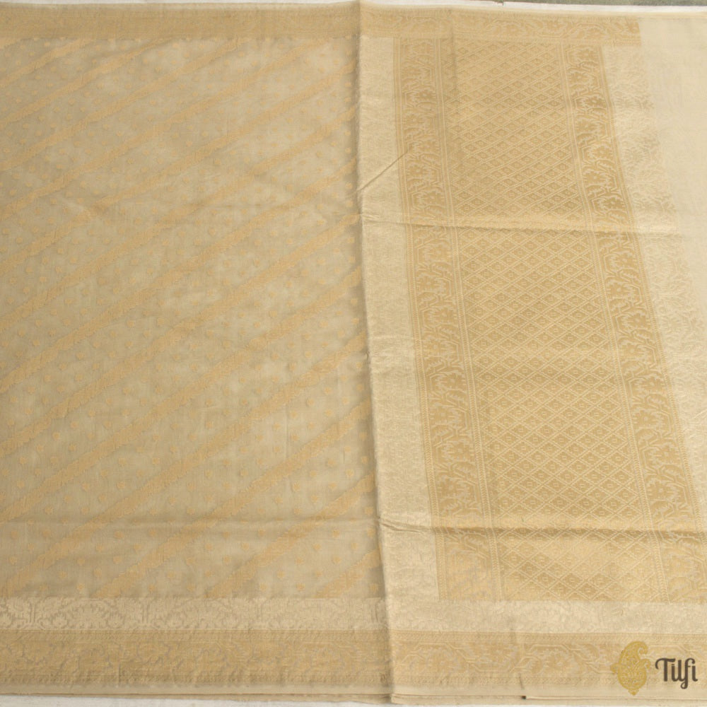 Off-White Pure Kora Silk by Cotton Handwoven Banarasi Saree