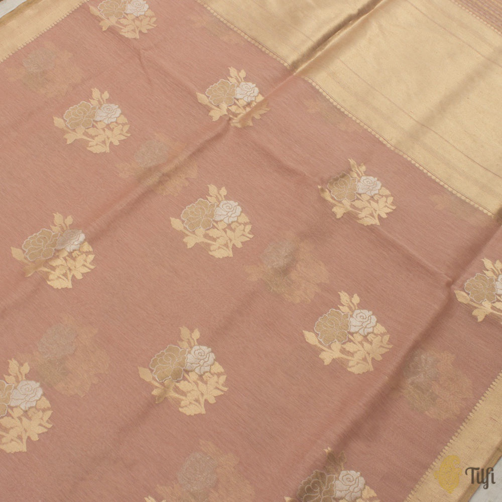 Light Old Rose Pink Pure Kora Linen Banarasi Handloom Saree