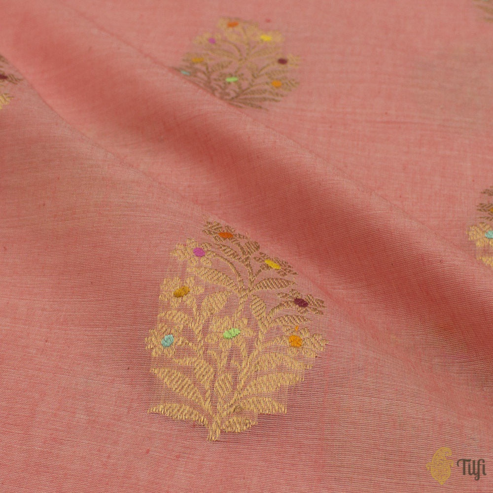 Peach Pure Fine Tussar Silk by Cotton Handloom Banarasi Saree