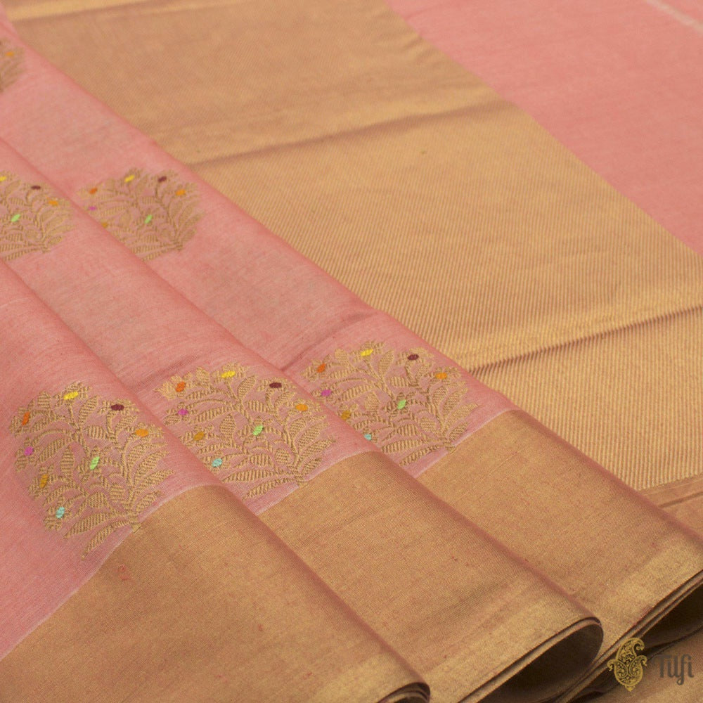 Peach Pure Fine Tussar Silk by Cotton Handloom Banarasi Saree