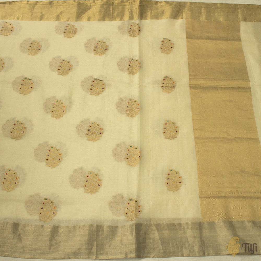 Off-White Pure Fine Tussar Silk by Cotton Handloom Banarasi Saree